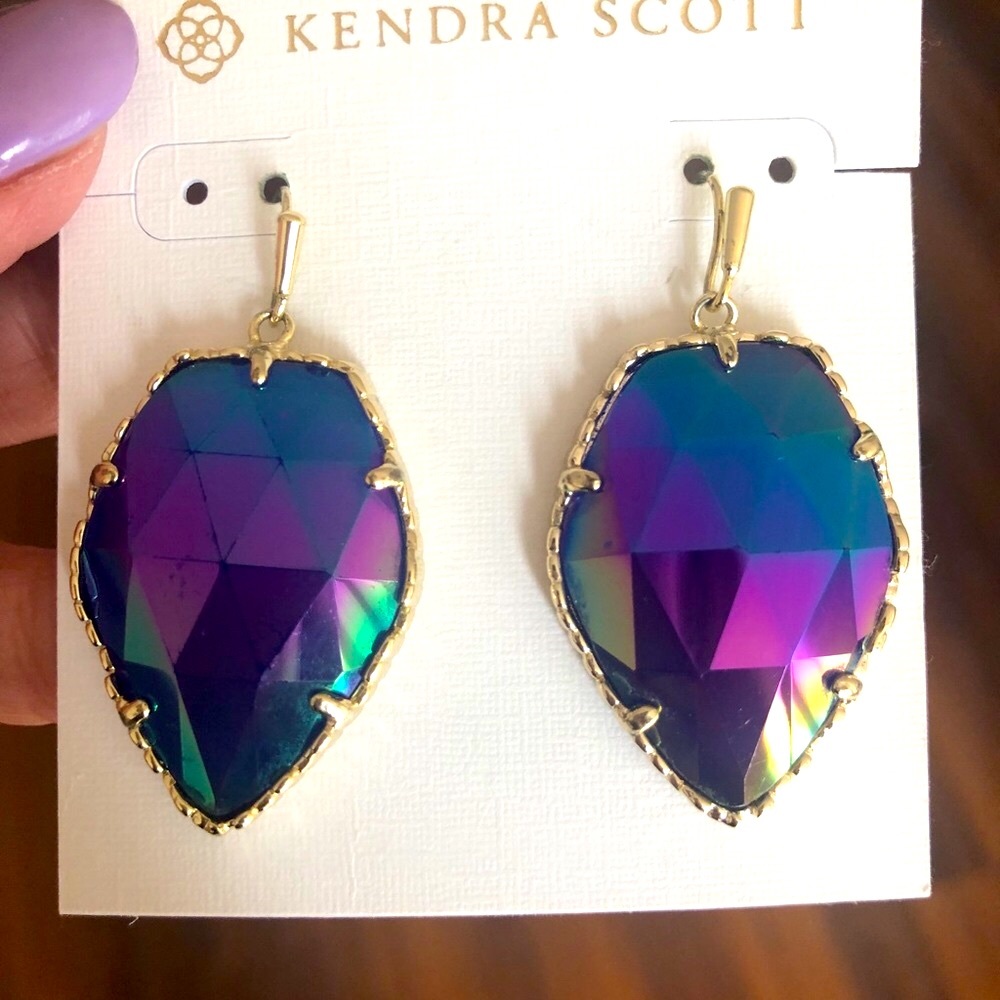 RARE & RETIRED Kendra Scott Corley Earrings Cobalt Iridescent Yellow Gold GORG! - Picture 13 of 13